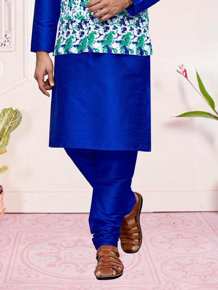 Royal Blue Art Silk Festival Printed Kurta Set With Jacket