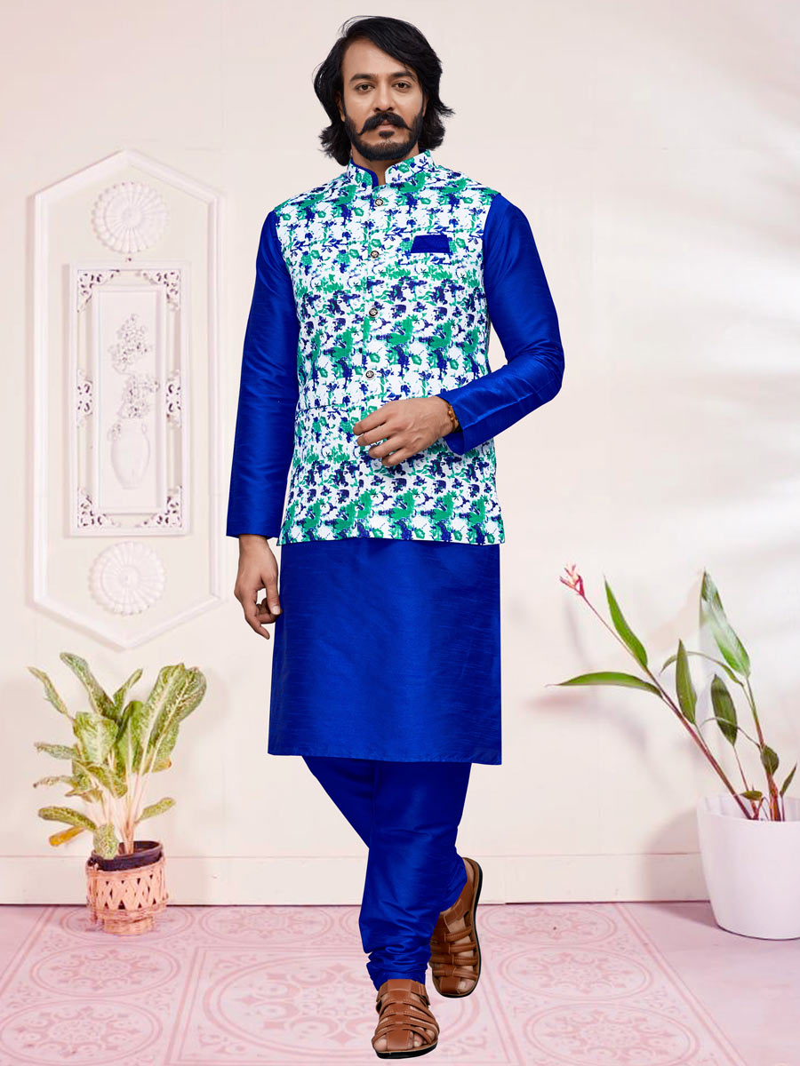 Royal Blue Art Silk Festival Printed Kurta Set With Jacket