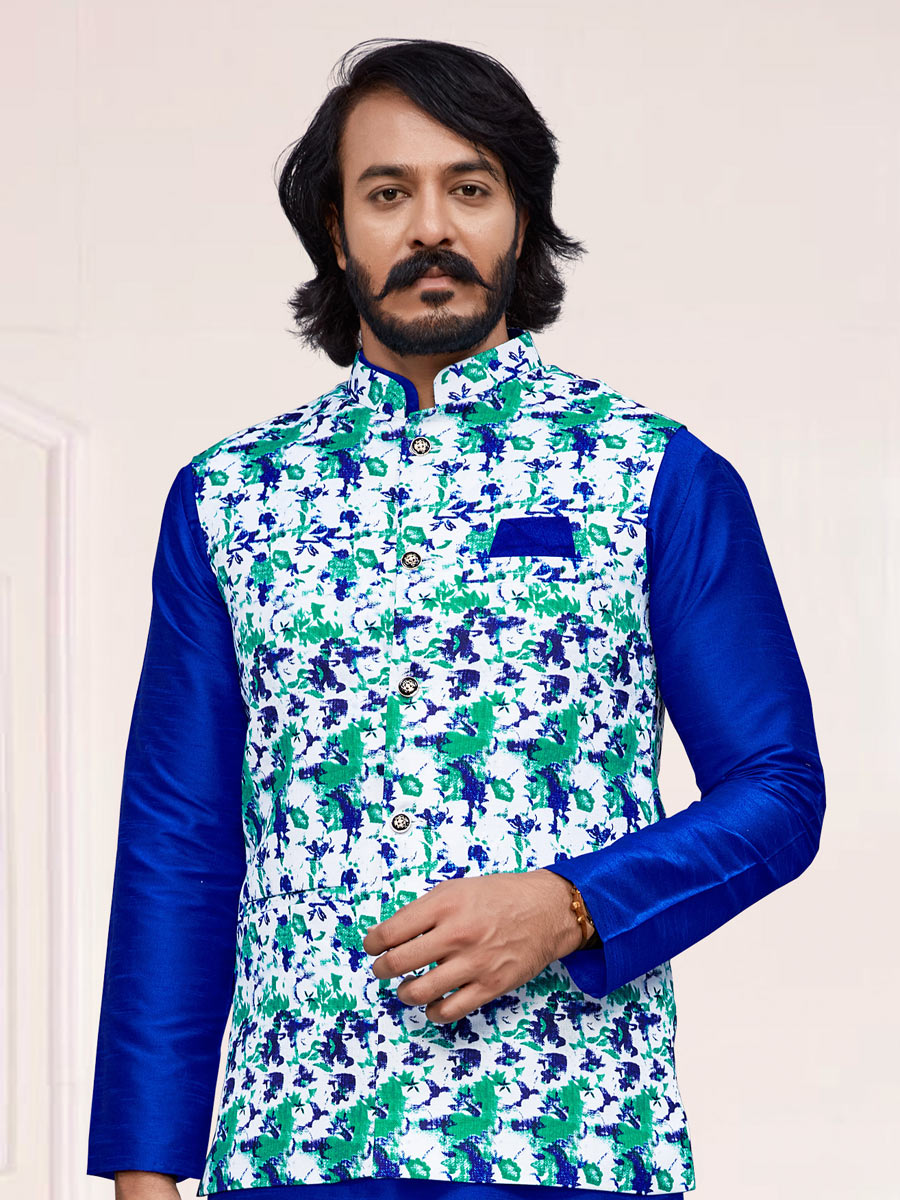 Royal Blue Art Silk Festival Printed Kurta Set With Jacket