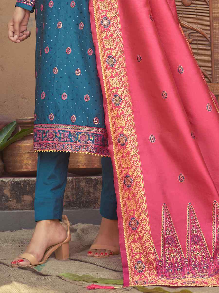 Royal Blue Banarasi Silk Embroidered Festival Wedding Pant Salwar Kameez