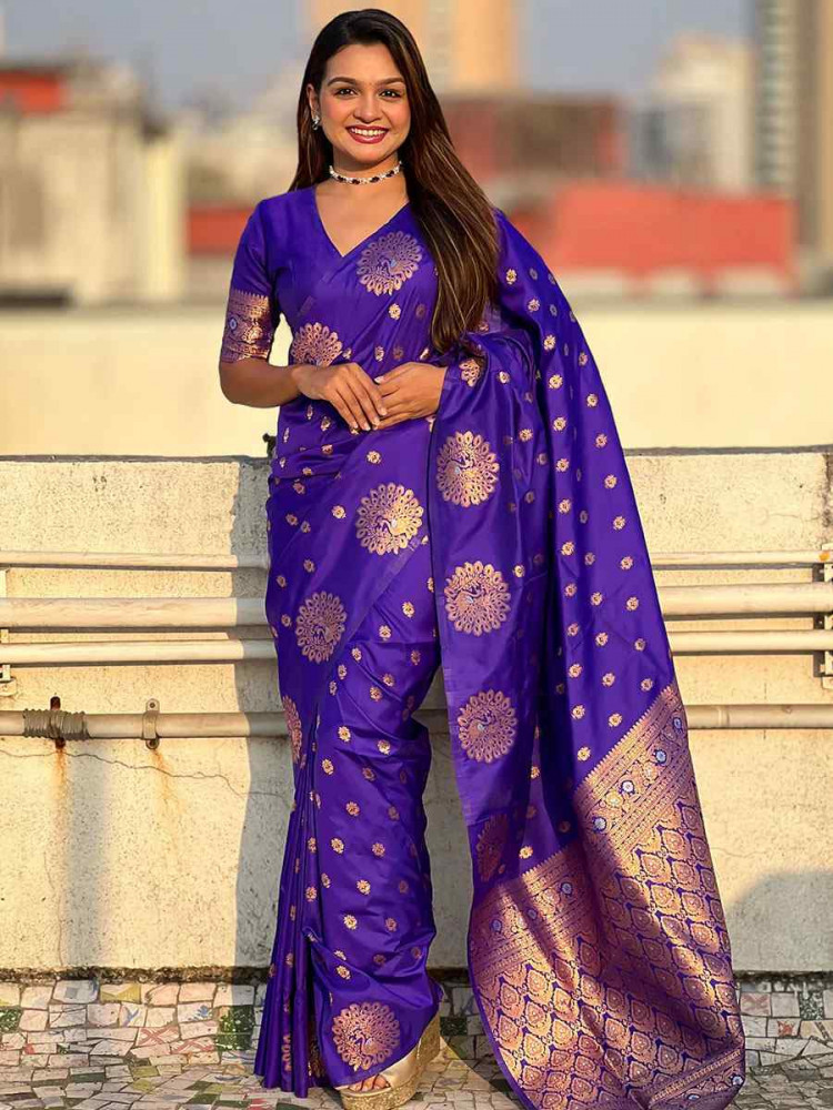 Image of Royal Blue Banarasi Silk Handwoven Festival Wedding Fancy Heavy Border Saree