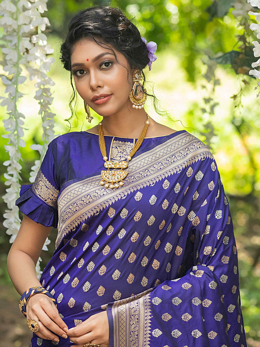 Royal Blue Banarasi Silk Handwoven Wedding Festival Heavy Border Saree