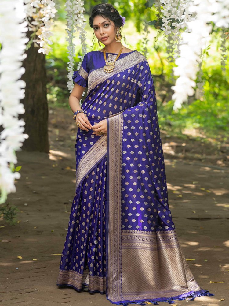 Royal Blue Banarasi Silk Handwoven Wedding Festival Heavy Border Saree