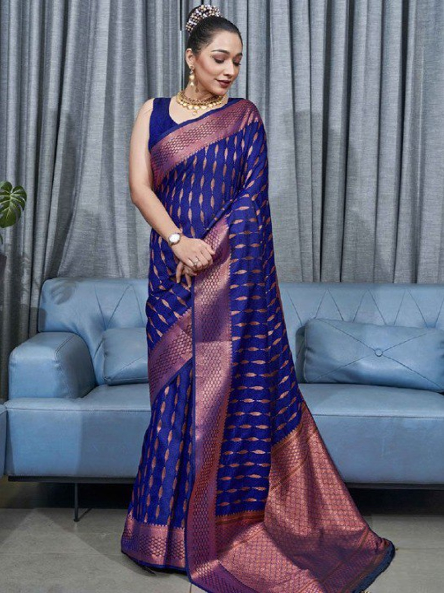 Royal Blue Banarasi Soft Silk Handwoven Wedding Festival Heavy Border Saree