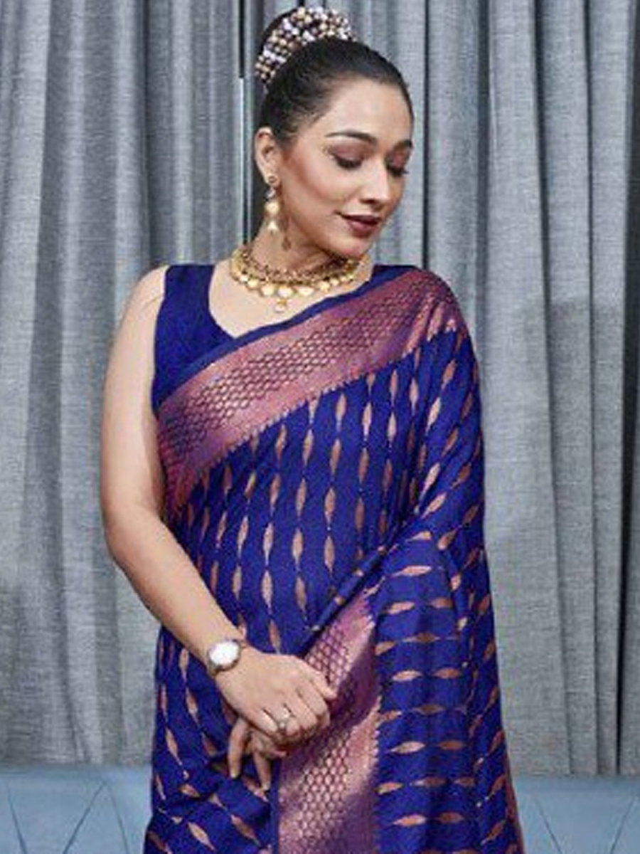 Royal Blue Banarasi Soft Silk Handwoven Wedding Festival Heavy Border Saree