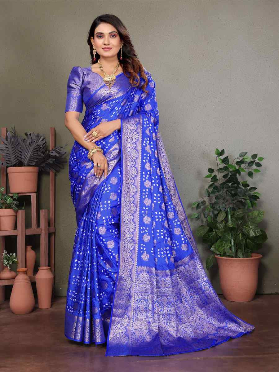 Royal Blue Bandhej Silk Handwoven Traditional Bridal Reception Festival Wedding Fancy Heavy Border Saree