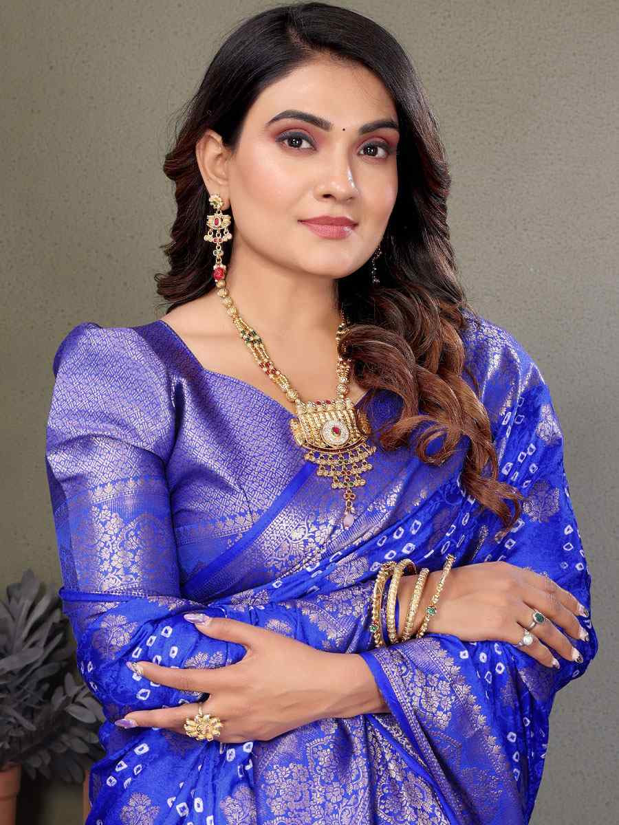 Royal Blue Bandhej Silk Handwoven Traditional Bridal Reception Festival Wedding Fancy Heavy Border Saree