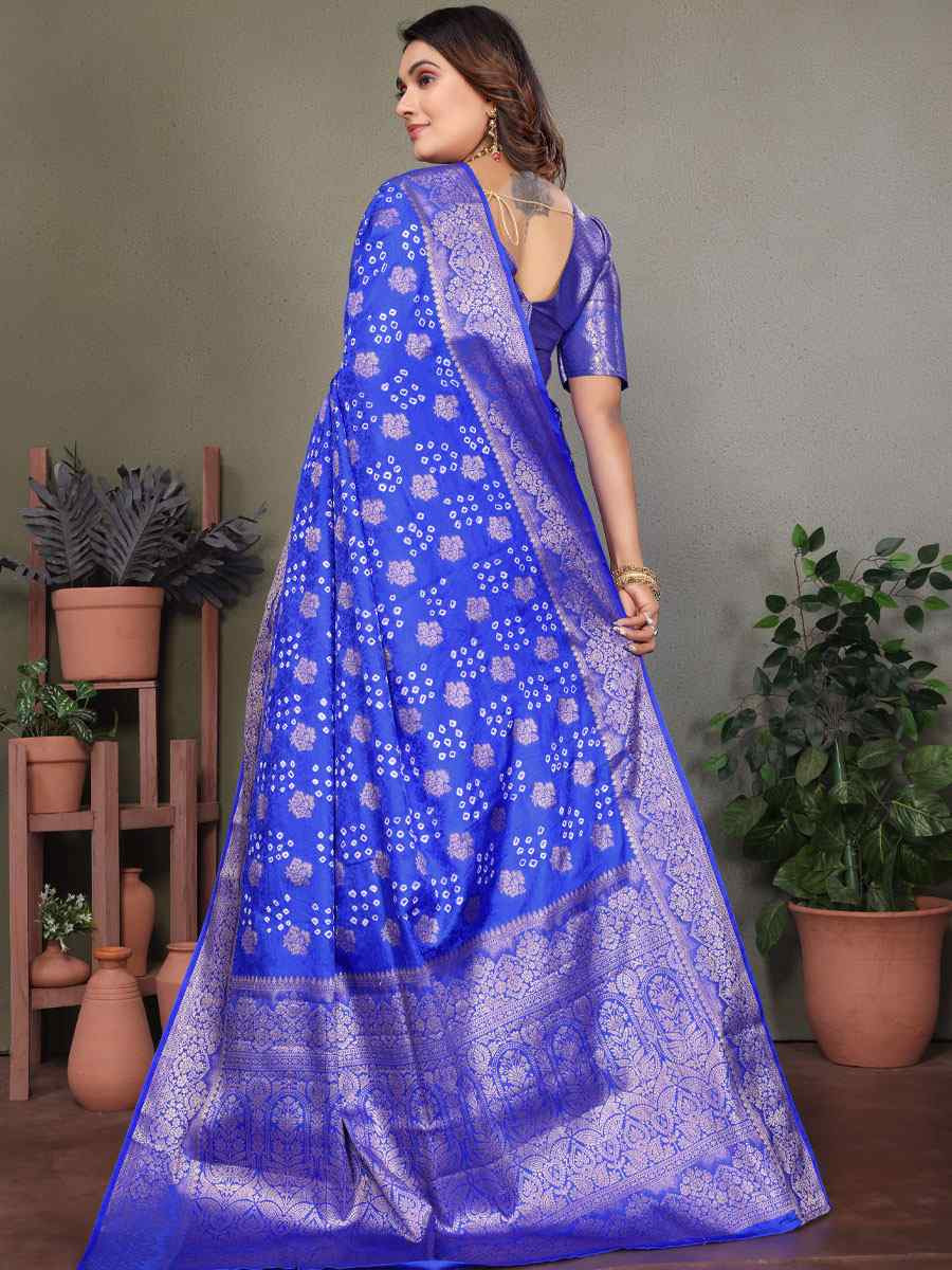 Royal Blue Bandhej Silk Handwoven Traditional Bridal Reception Festival Wedding Fancy Heavy Border Saree