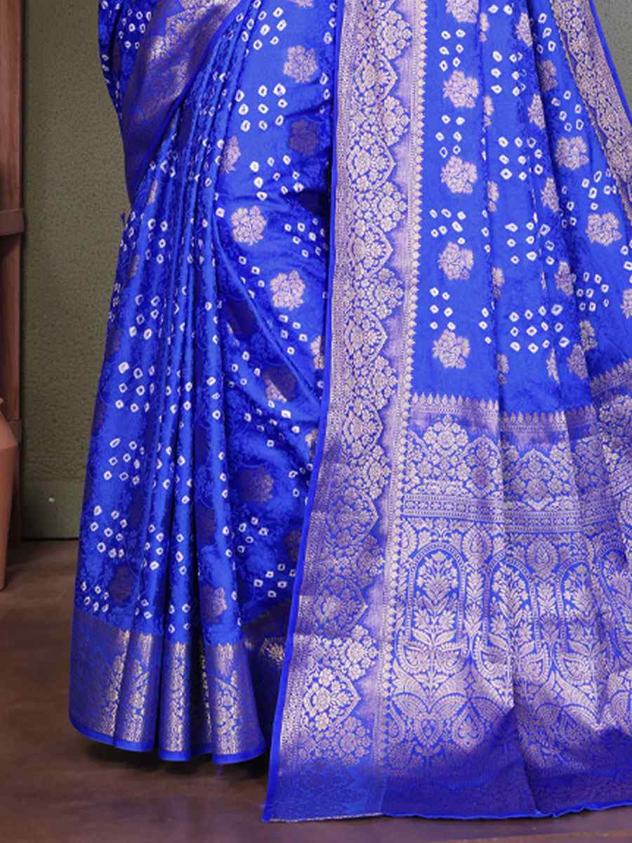 Royal Blue Bandhej Silk Handwoven Traditional Bridal Reception Festival Wedding Fancy Heavy Border Saree