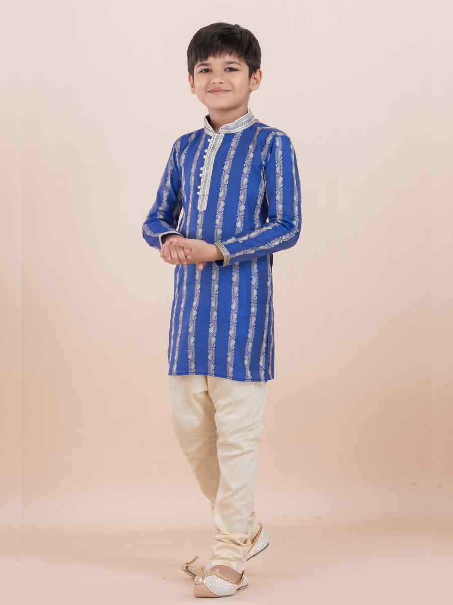 Royal Blue Cotton Self Jacquard Embroidered Festival Traditional Kurta Pyjama Boys Wear