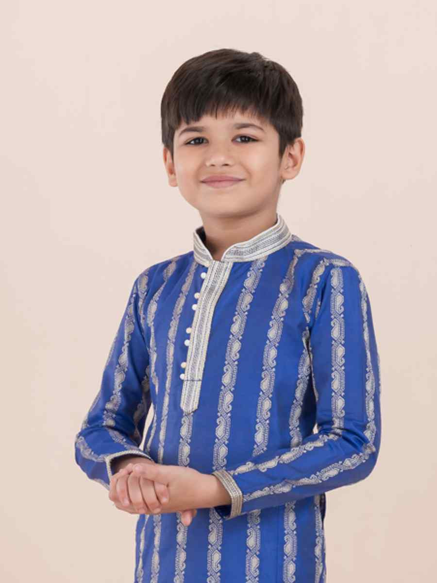 Royal Blue Cotton Self Jacquard Embroidered Festival Traditional Kurta Pyjama Boys Wear