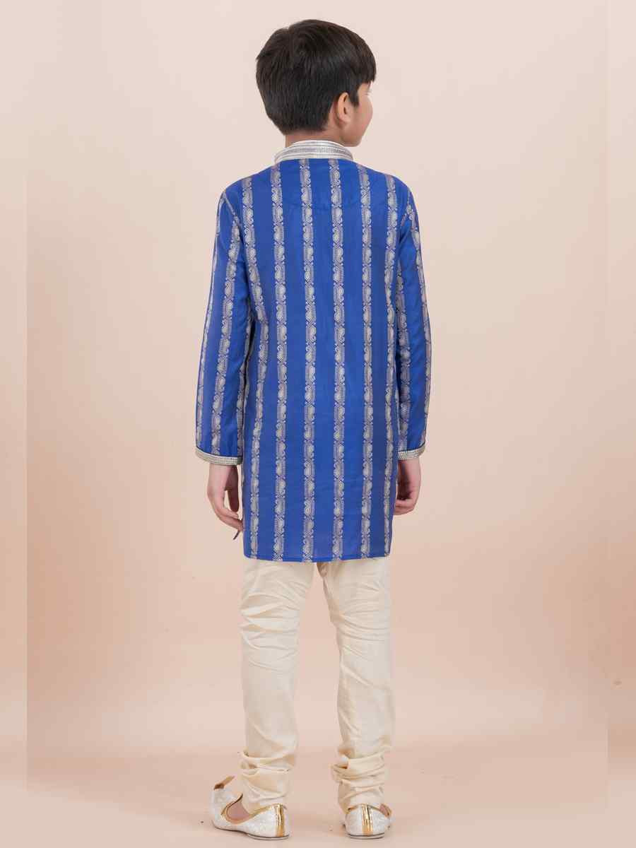 Royal Blue Cotton Self Jacquard Embroidered Festival Traditional Kurta Pyjama Boys Wear