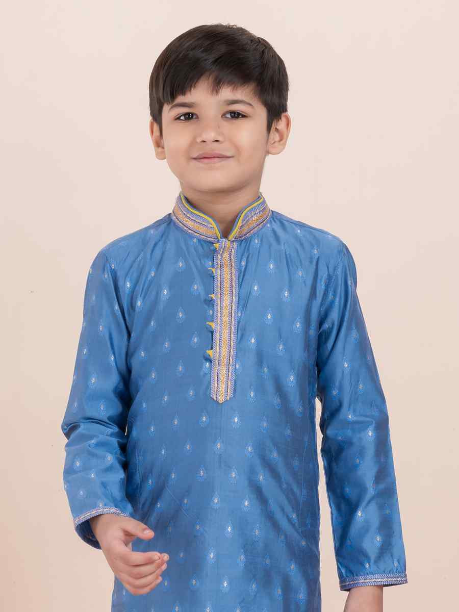 Royal Blue Cotton Self Jacquard Embroidered Festival Traditional Kurta Pyjama Boys Wear