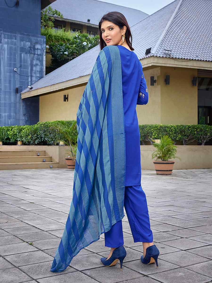 Royal Blue Crepe Embroidered Party Wedding Ready Pant Salwar Kameez