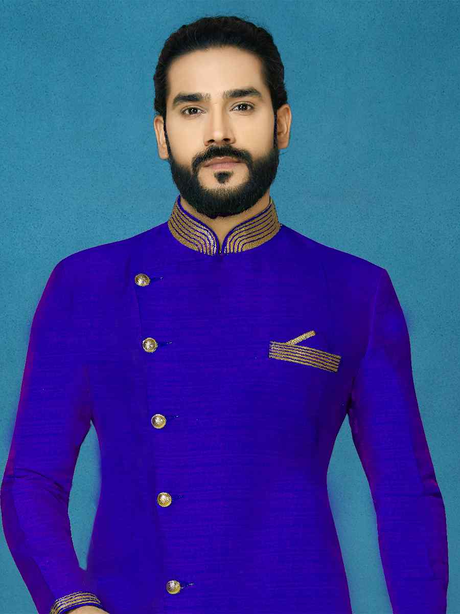 Royal Blue Dhupion Art Silk Woven Festival Wedding Sherwani