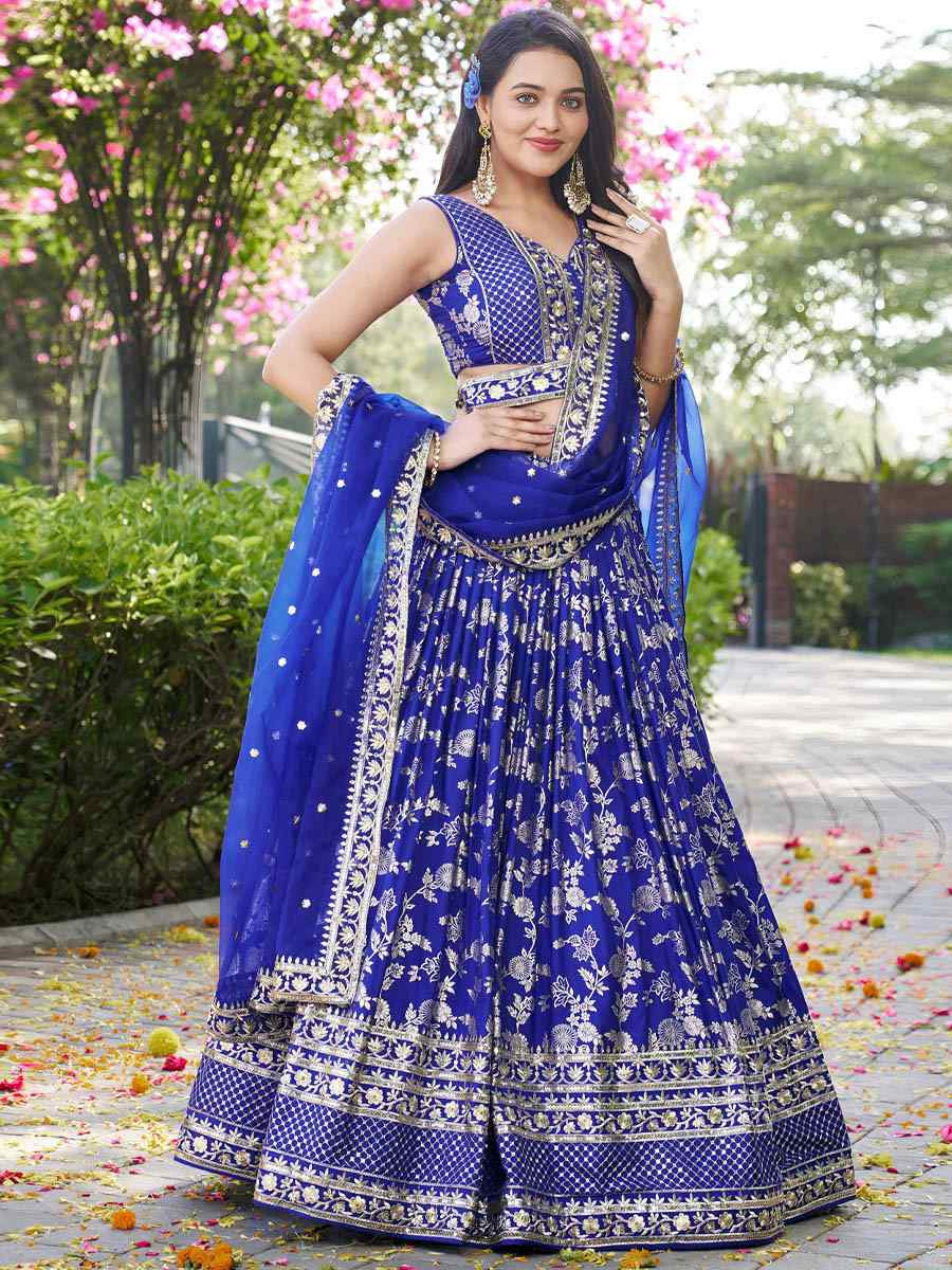 Royal Blue Dola Silk Jacquard Embroidered Reception Wedding Bridal Lehenga Choli
