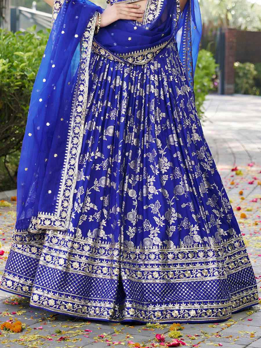 Royal Blue Dola Silk Jacquard Embroidered Reception Wedding Bridal Lehenga Choli
