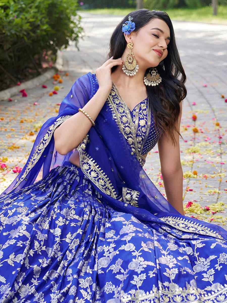 Royal Blue Dola Silk Jacquard Embroidered Reception Wedding Bridal Lehenga Choli
