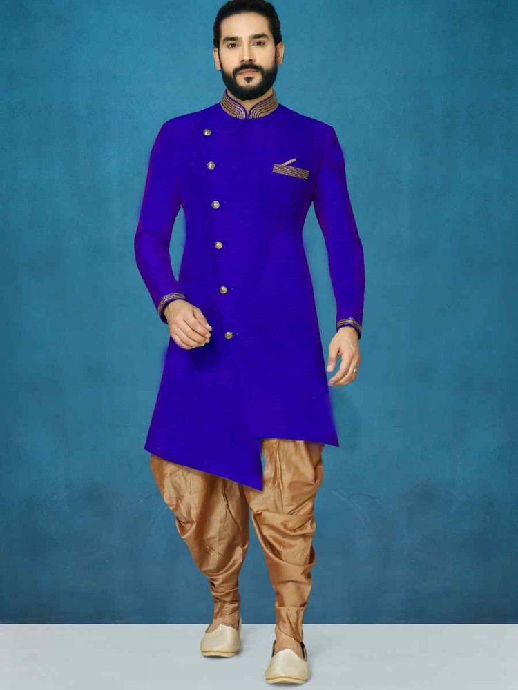 Royal Blue Dupion Art Silk Cutwork Wedding Party Sherwani