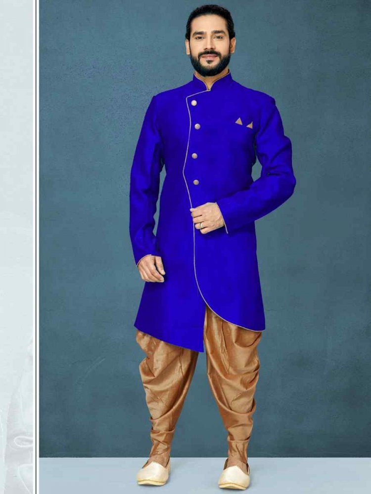 Royal Blue Dupion Art Silk Cutwork Wedding Party Sherwani