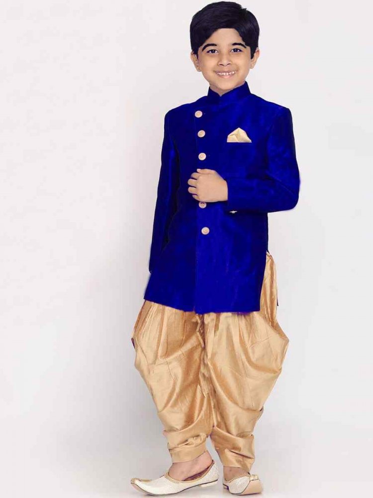 Royal Blue Dupion Silk Brocade Festival Traditional Kurta Dhoti Boys Wear