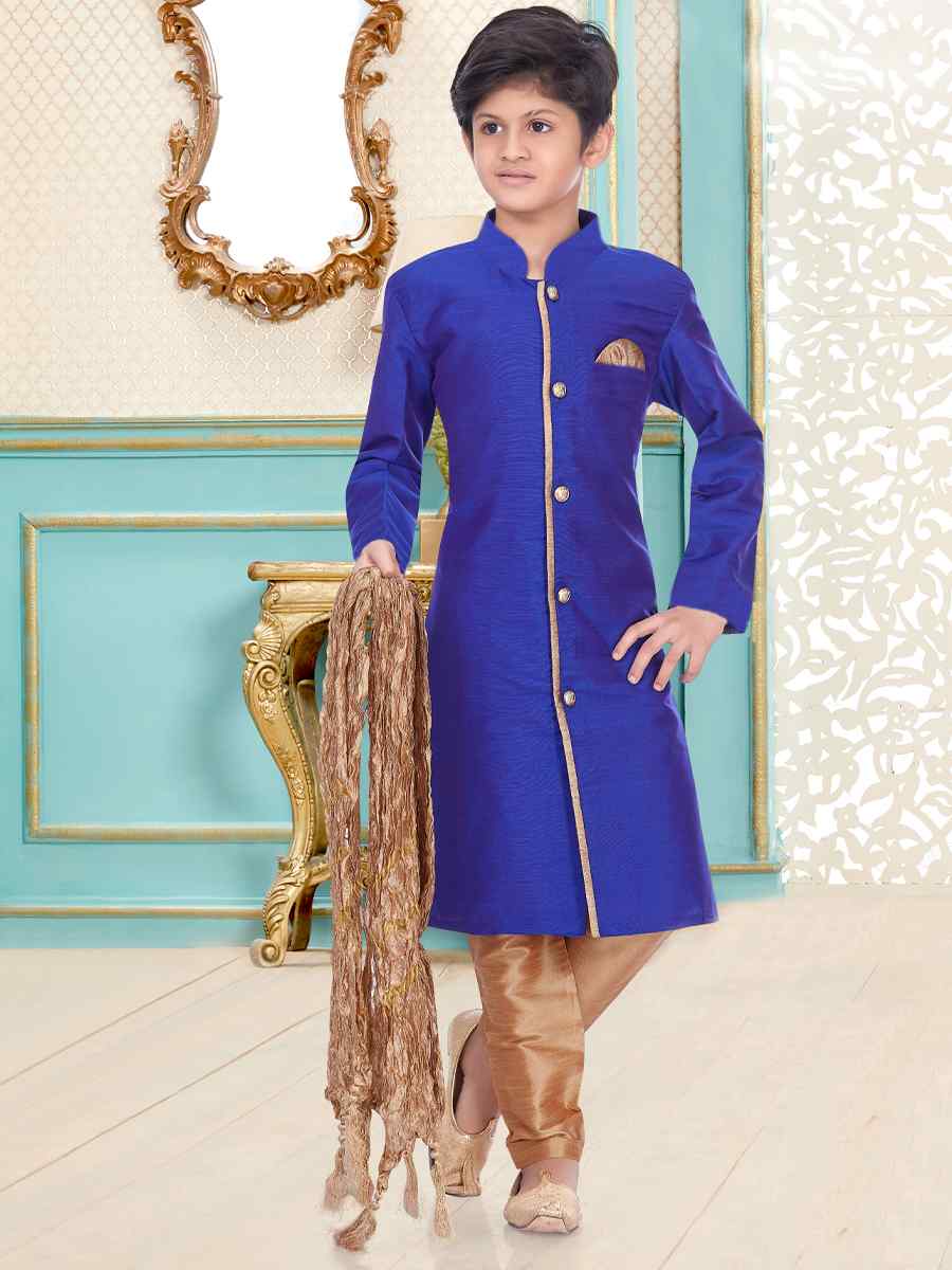 Royal Blue Dupion Silk Zardosi Festival Wedding Kurta Pyjama Boys Wear