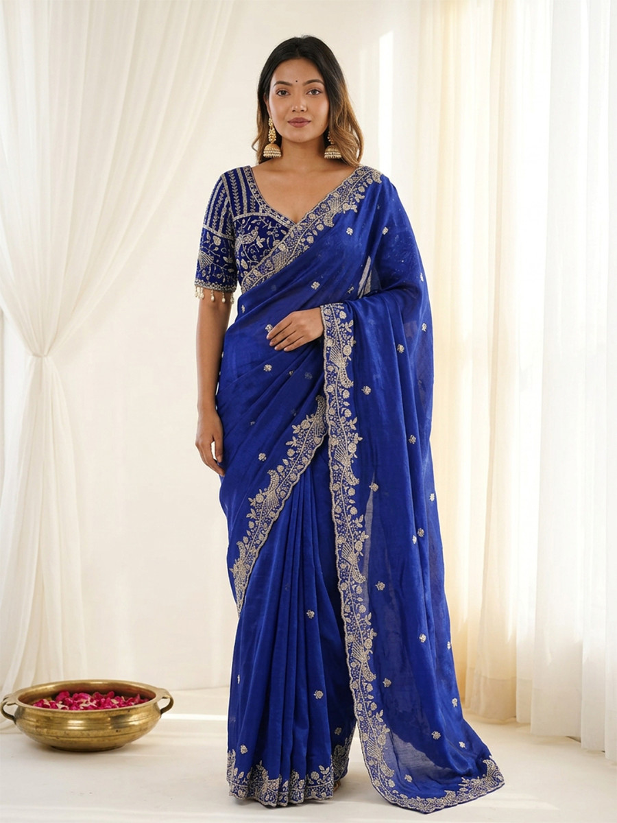 Royal Blue Fendy Satin Designer Embroidery Wedding Reception Party Festival Casual Heavy Border Sarees