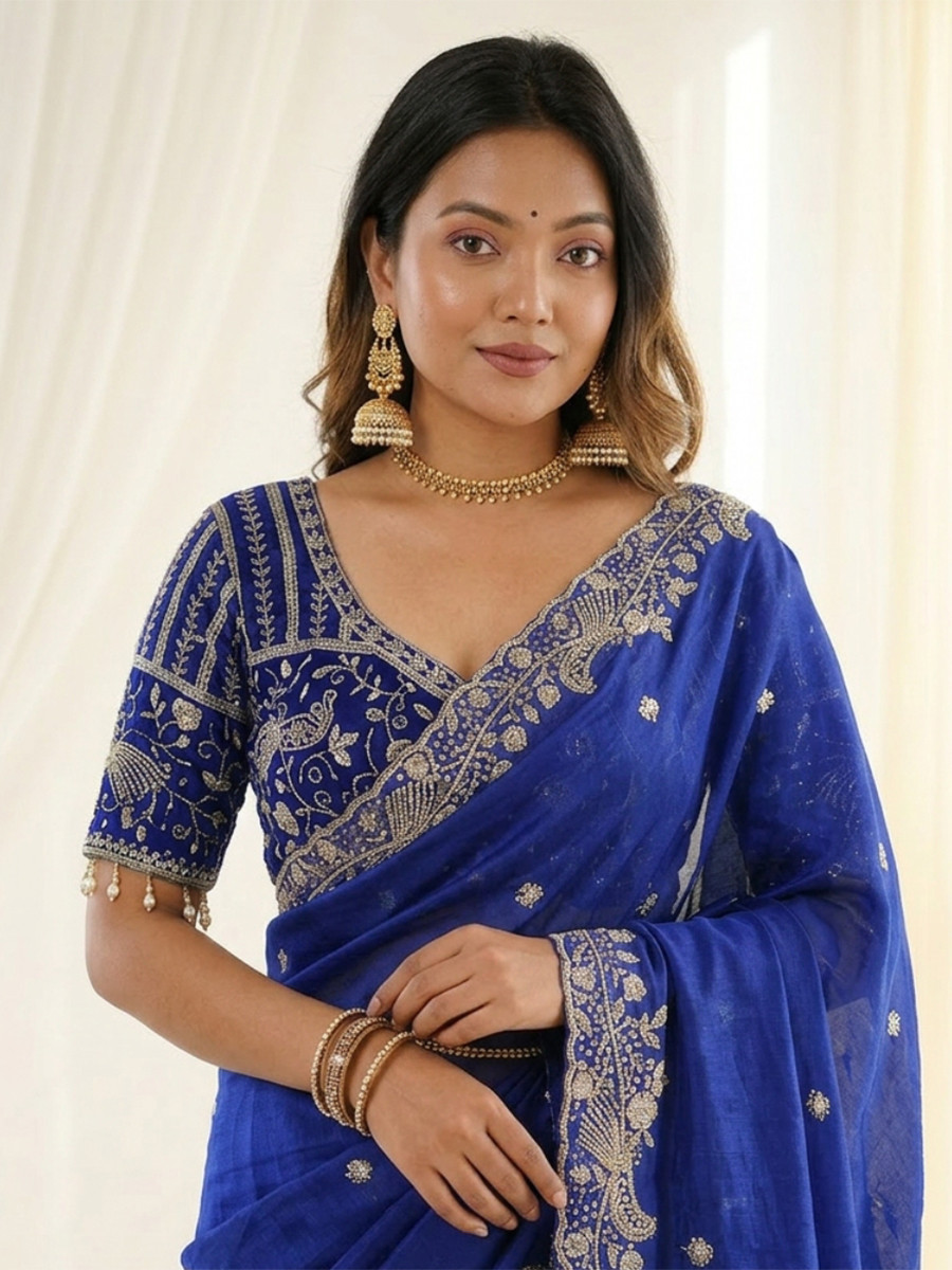 Royal Blue Fendy Satin Designer Embroidery Wedding Reception Party Festival Casual Heavy Border Sarees
