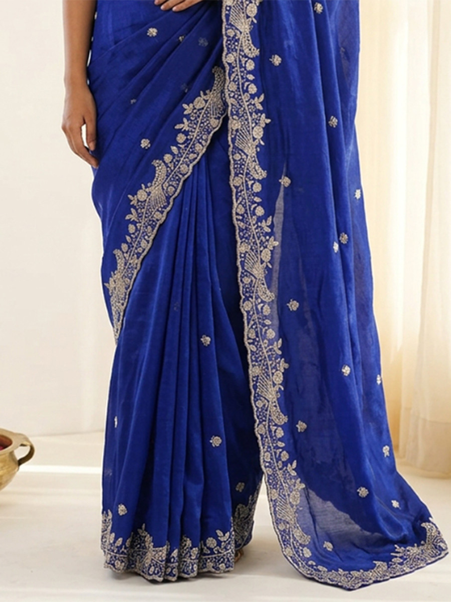 Royal Blue Fendy Satin Designer Embroidery Wedding Reception Party Festival Casual Heavy Border Sarees