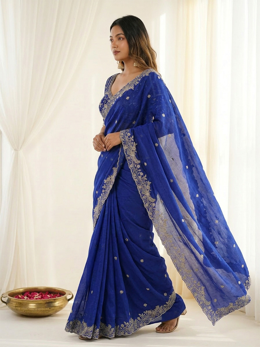 Royal Blue Fendy Satin Designer Embroidery Wedding Reception Party Festival Casual Heavy Border Sarees