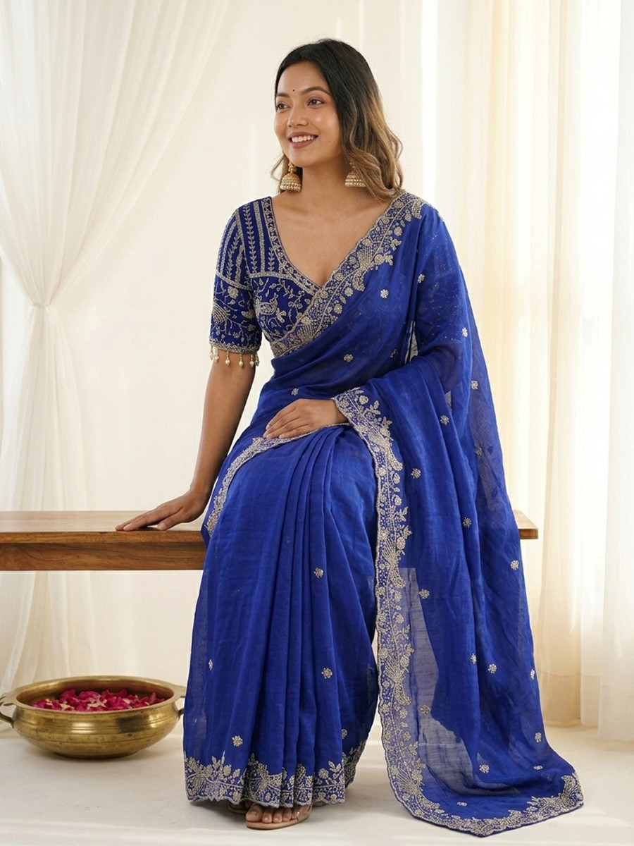 Royal Blue Fendy Satin Designer Embroidery Wedding Reception Party Festival Casual Heavy Border Sarees