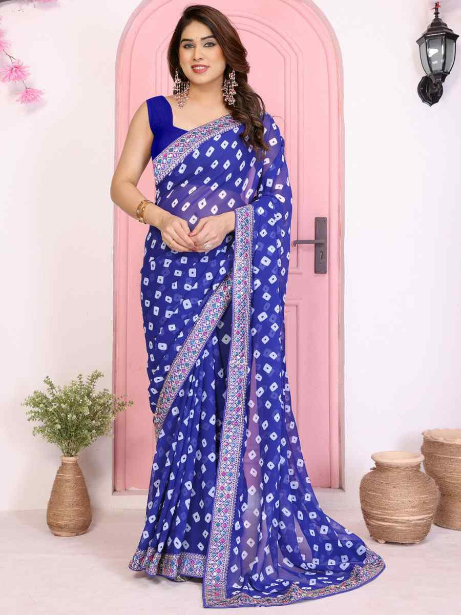 Royal Blue Georgette Embroidery Printed Traditional Bridal Reception Festival Wedding Fancy Heavy Border Saree