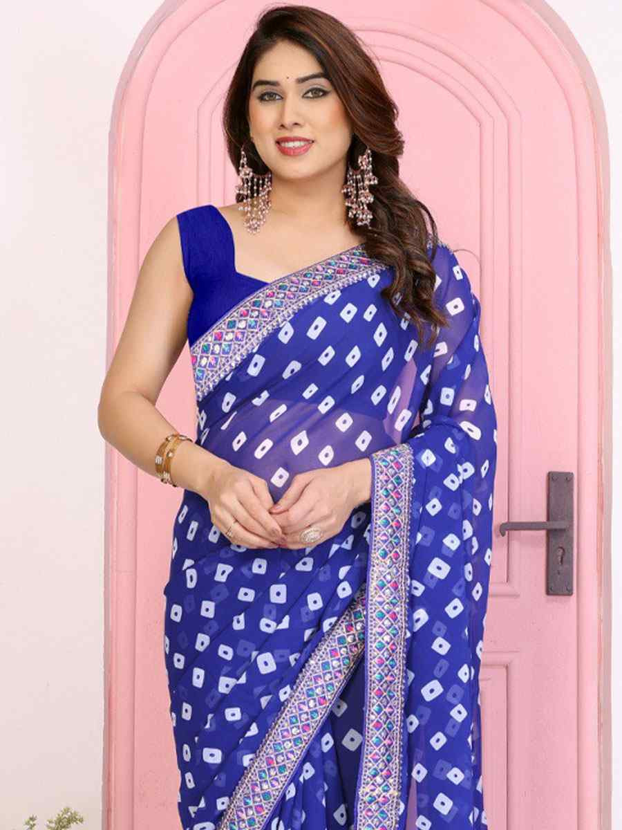 Royal Blue Georgette Embroidery Printed Traditional Bridal Reception Festival Wedding Fancy Heavy Border Saree