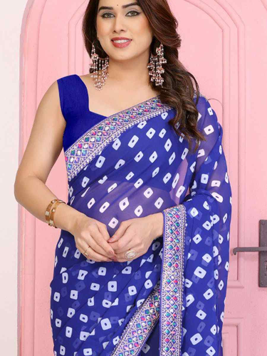Royal Blue Georgette Embroidery Printed Traditional Bridal Reception Festival Wedding Fancy Heavy Border Saree