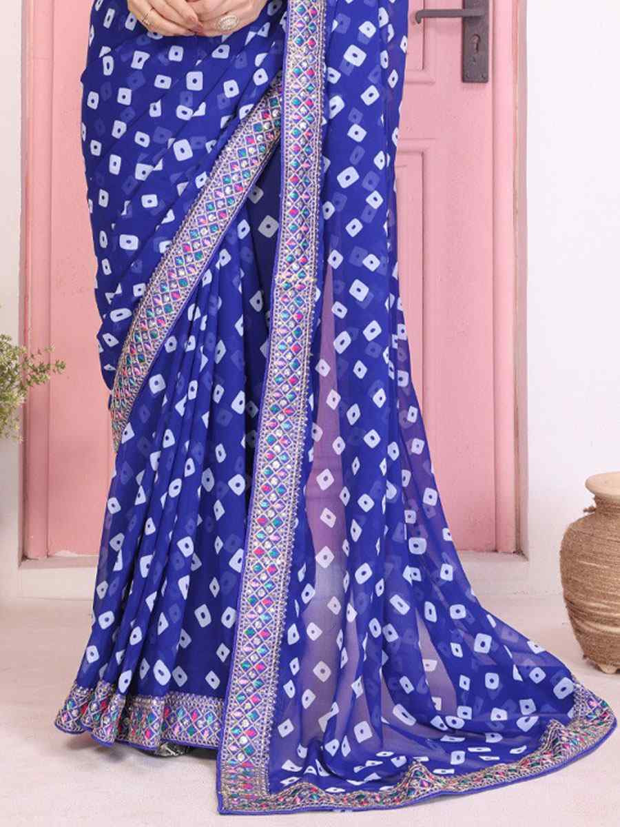 Royal Blue Georgette Embroidery Printed Traditional Bridal Reception Festival Wedding Fancy Heavy Border Saree