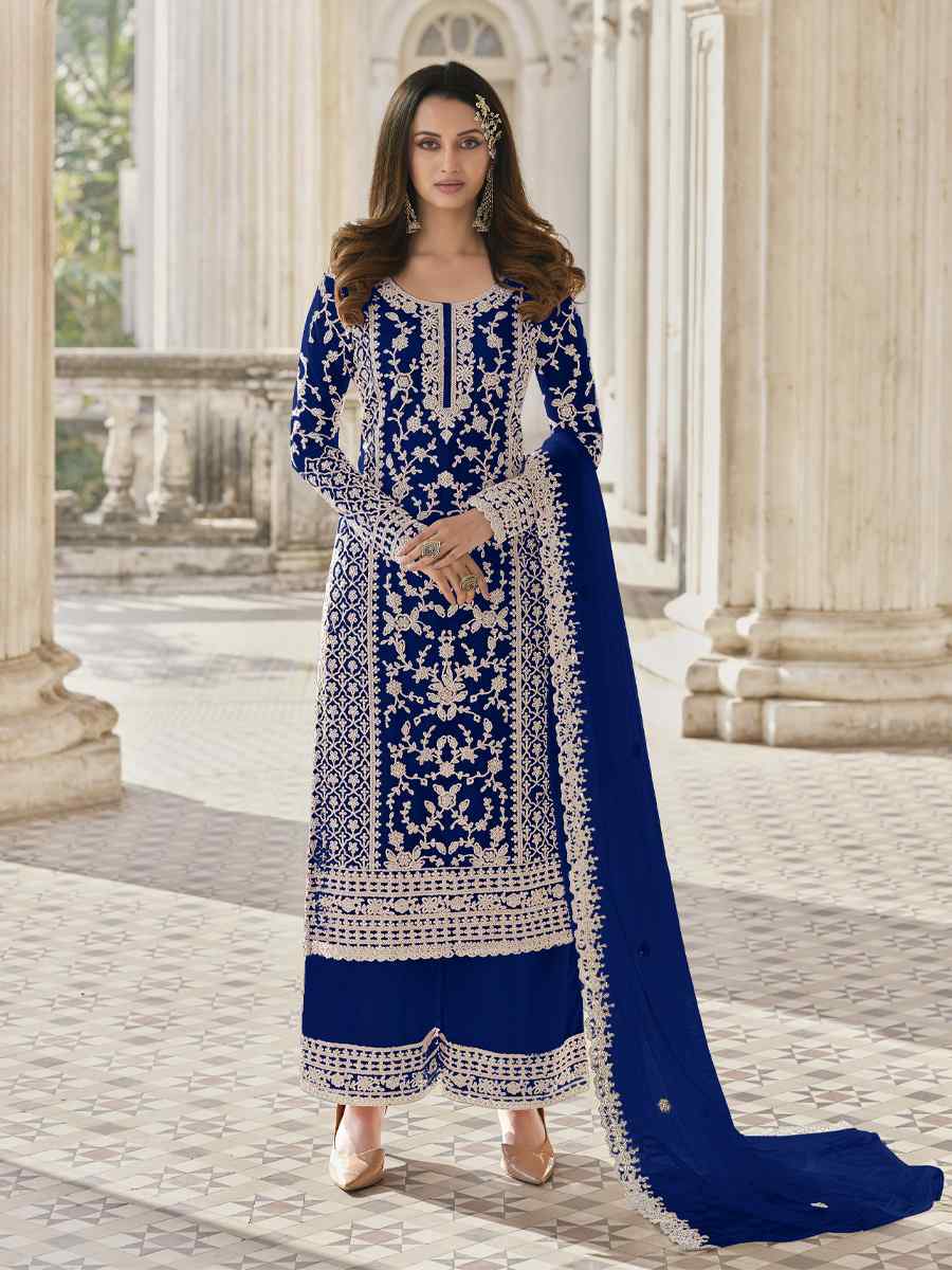 Royal Blue Heavy Butterfly Net Embroidered Festival Wedding Palazzo Pant Salwar Kameez