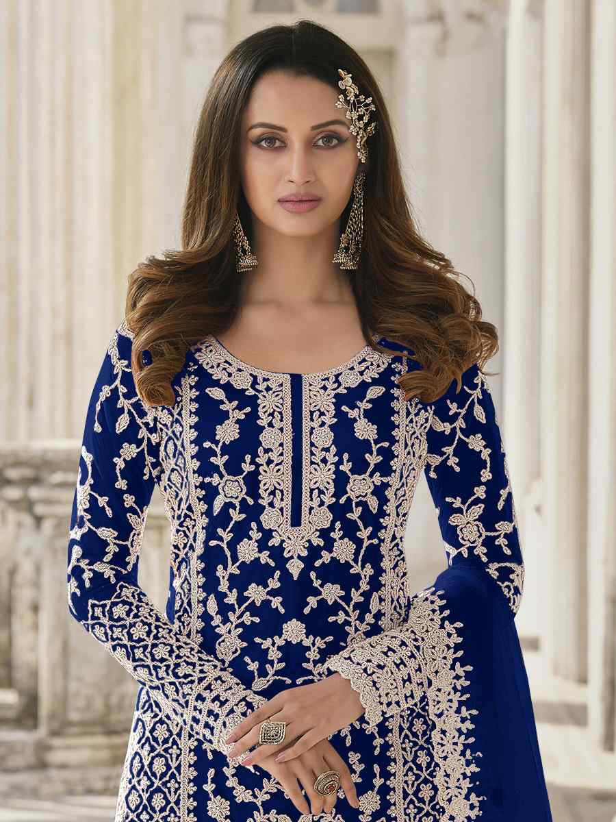 Royal Blue Heavy Butterfly Net Embroidered Festival Wedding Palazzo Pant Salwar Kameez