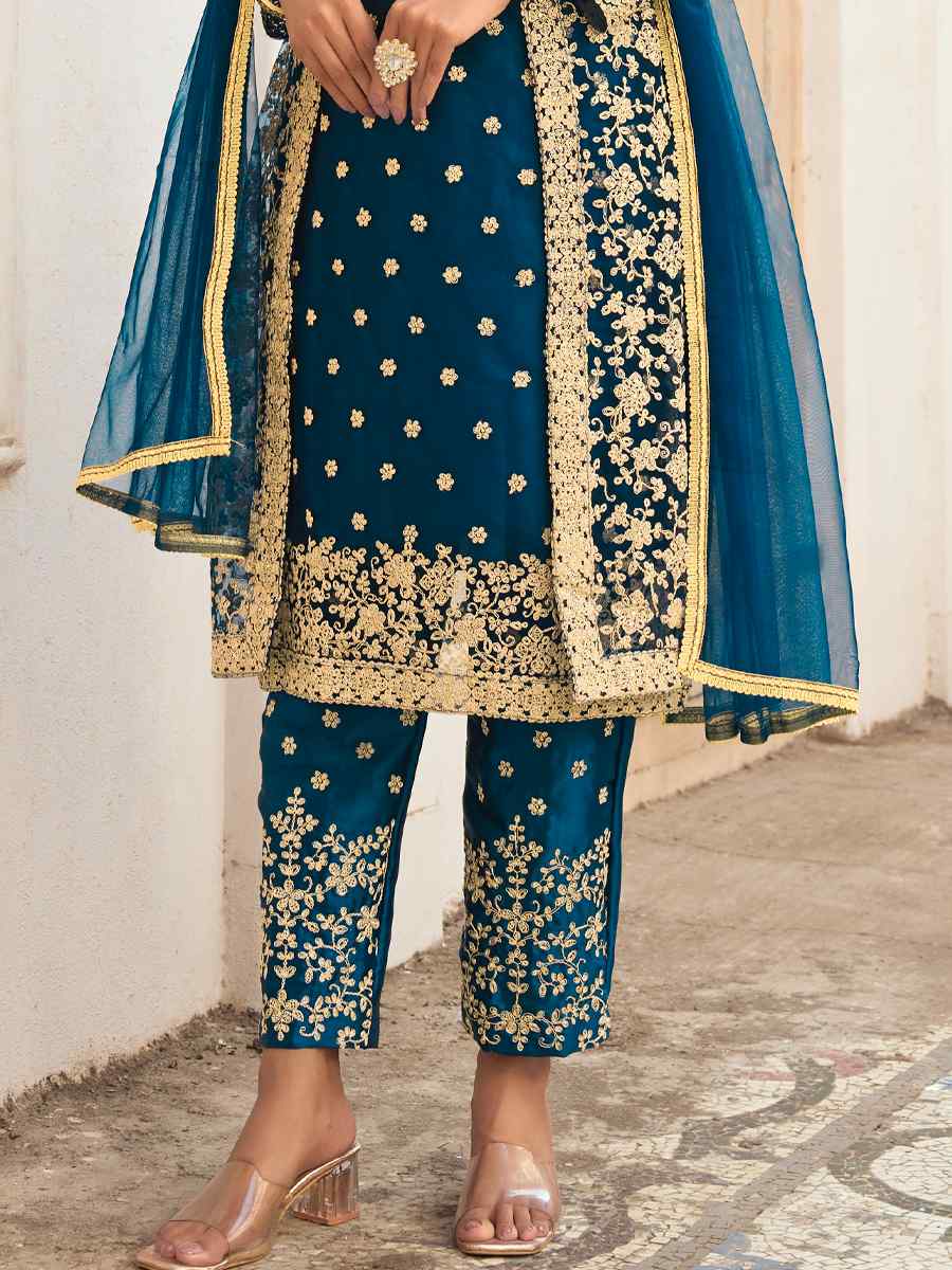 Royal Blue Heavy Butterfly Net Embroidered Festival Wedding Pant Salwar Kameez