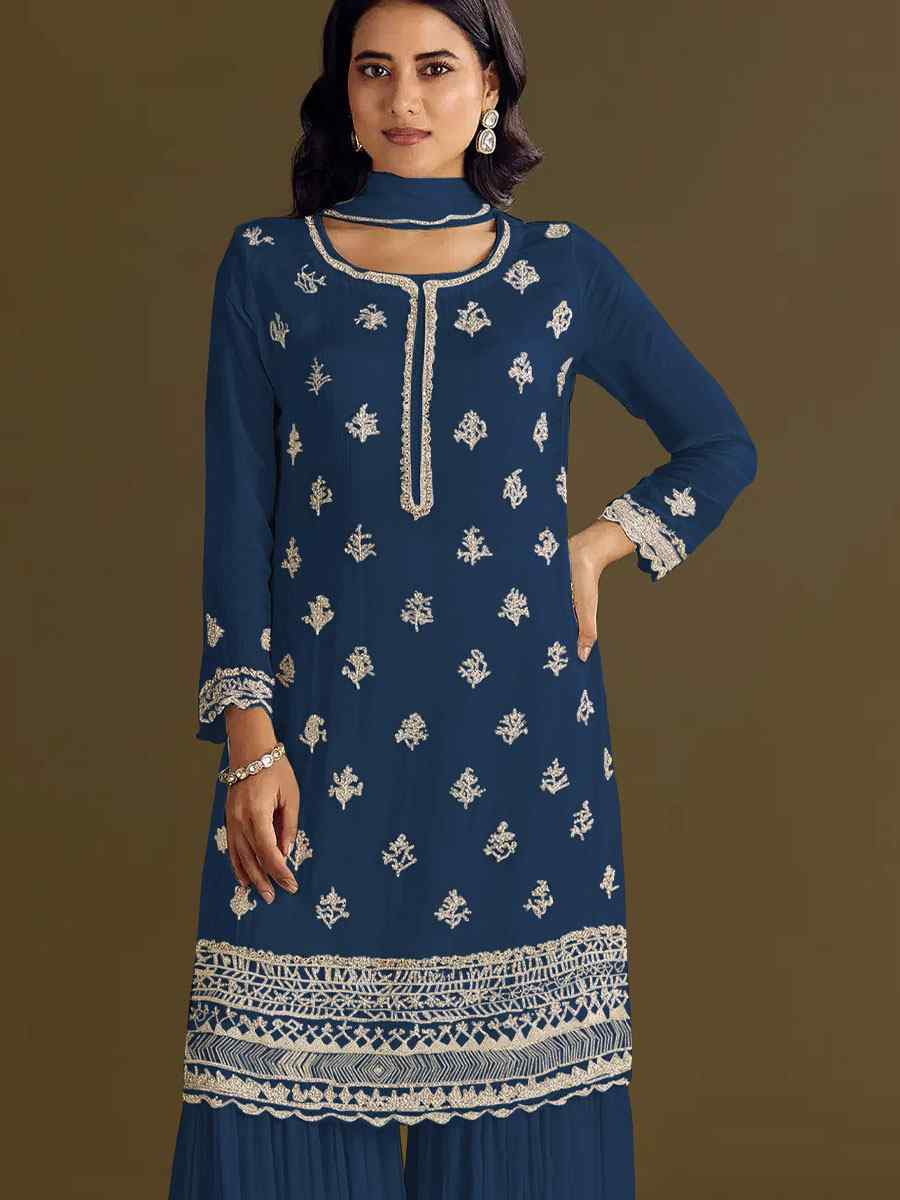 Royal Blue Heavy Chinon Embroidered Festival Wedding Sharara Pant Salwar Kameez