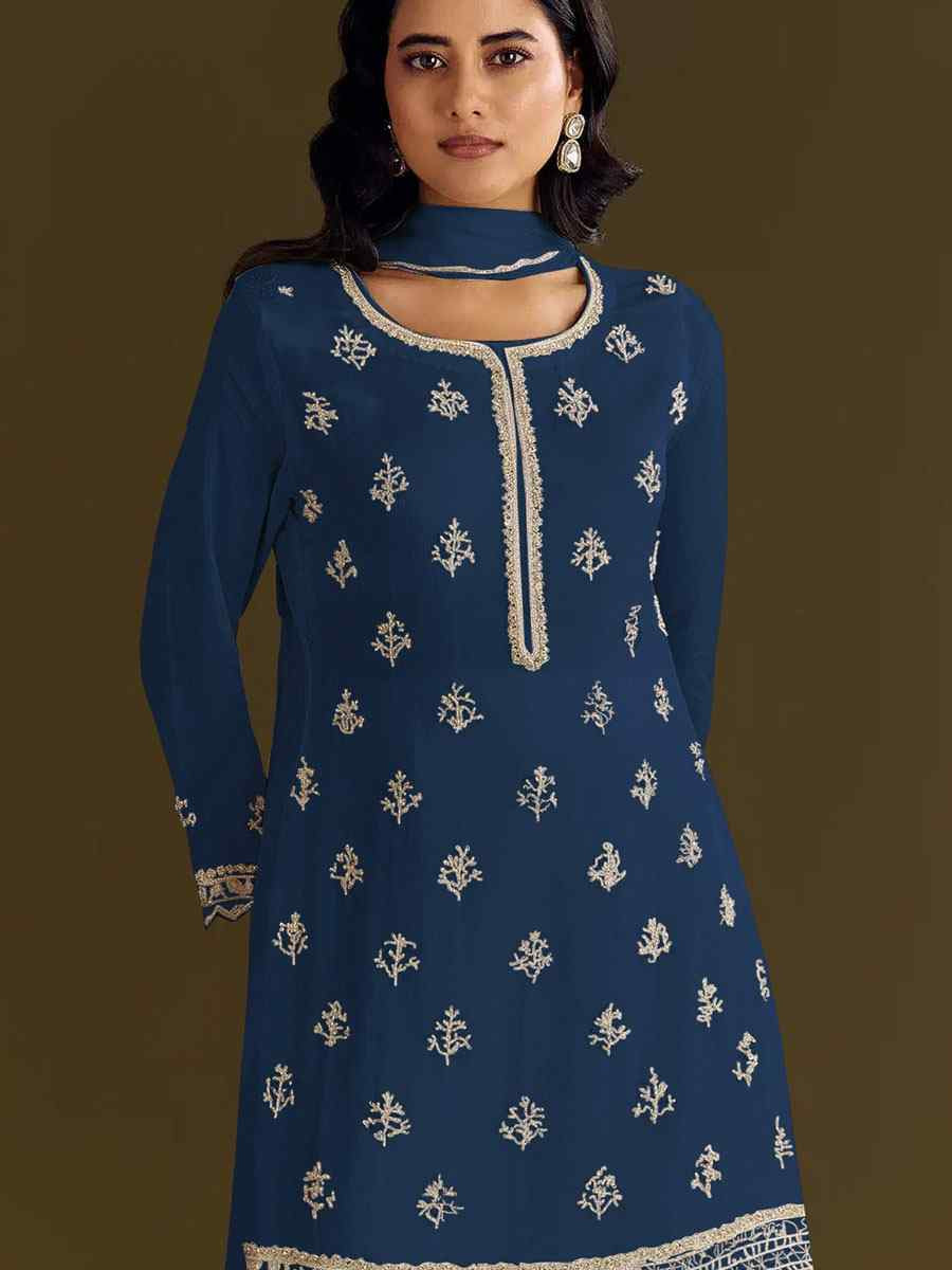 Royal Blue Heavy Chinon Embroidered Festival Wedding Sharara Pant Salwar Kameez
