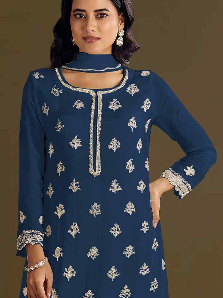 Royal Blue Heavy Chinon Embroidered Festival Wedding Sharara Pant Salwar Kameez