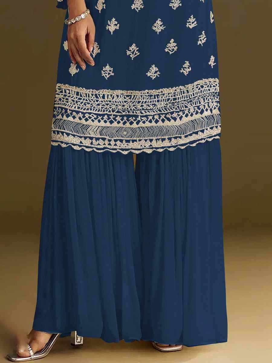Royal Blue Heavy Chinon Embroidered Festival Wedding Sharara Pant Salwar Kameez
