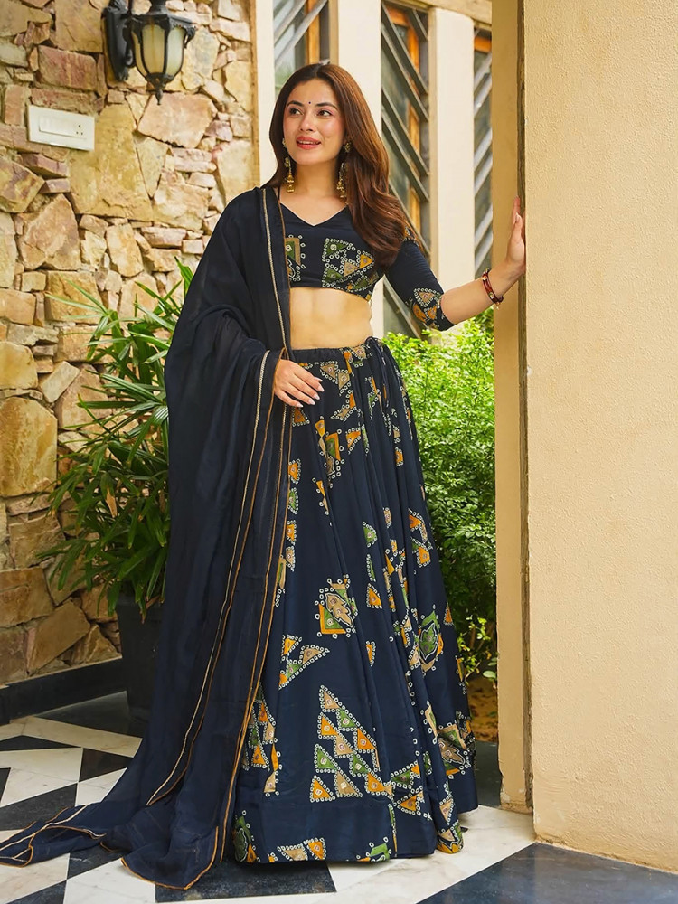 Image of Royal Blue Heavy french crape silk Printed Wedding Reception Party Wear Festival Ready Circular Lehenga Choli