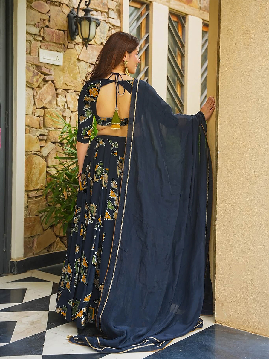 Royal Blue Heavy french crape silk Printed Wedding Reception Party Wear Festival Ready Circular Lehenga Choli