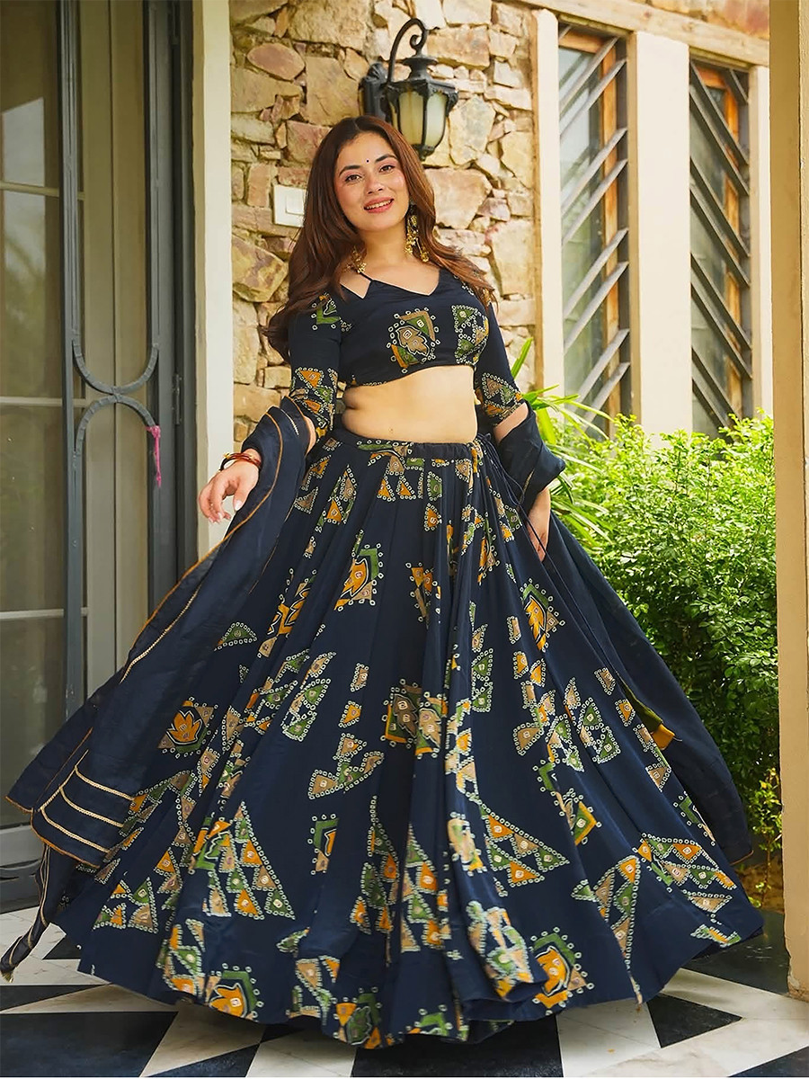 Royal Blue Heavy french crape silk Printed Wedding Reception Party Wear Festival Ready Circular Lehenga Choli