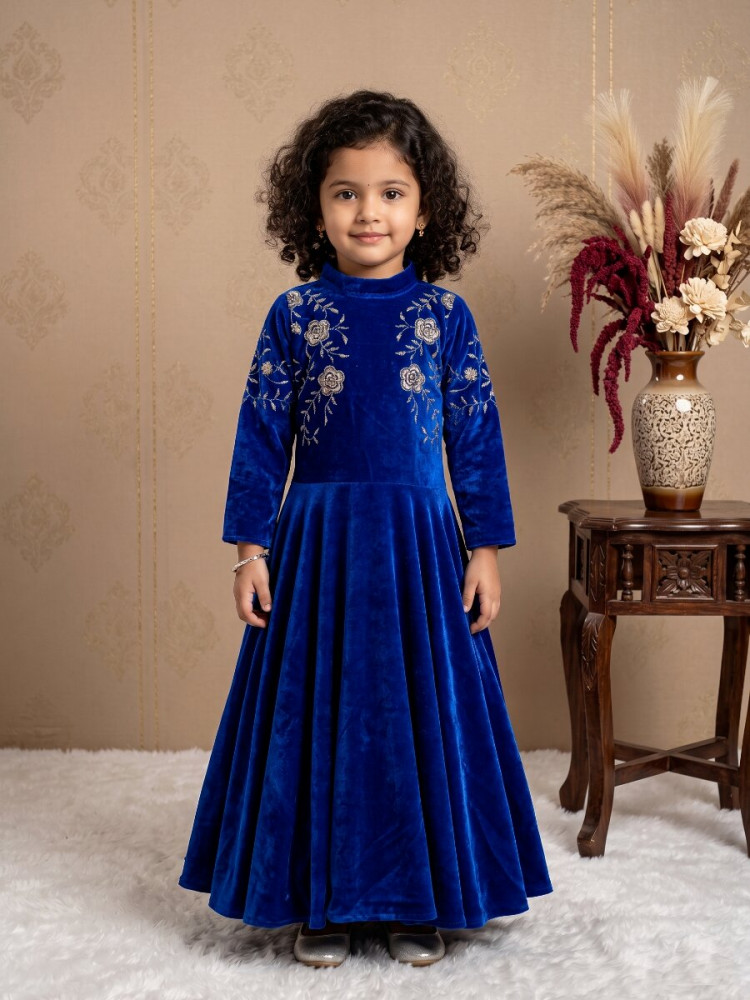 Image of Royal Blue Heavy Viscose  Velvet Embroidered Sequins Ethnic Casual Festival Party Wedding Gown