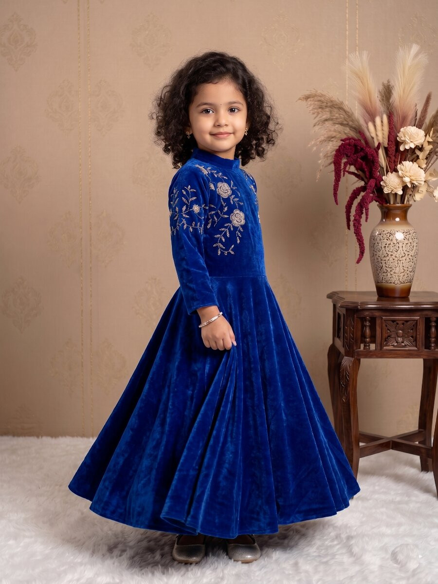 Royal Blue Heavy Viscose Velvet Embroidered Sequins Ethnic Casual Festival Party Wedding Gown