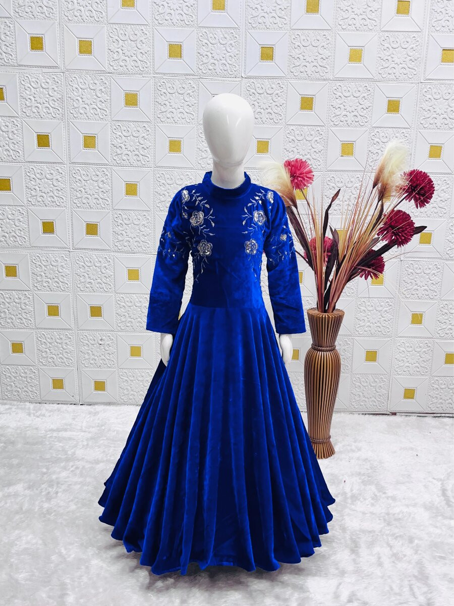 Royal Blue Heavy Viscose Velvet Embroidered Sequins Ethnic Casual Festival Party Wedding Gown