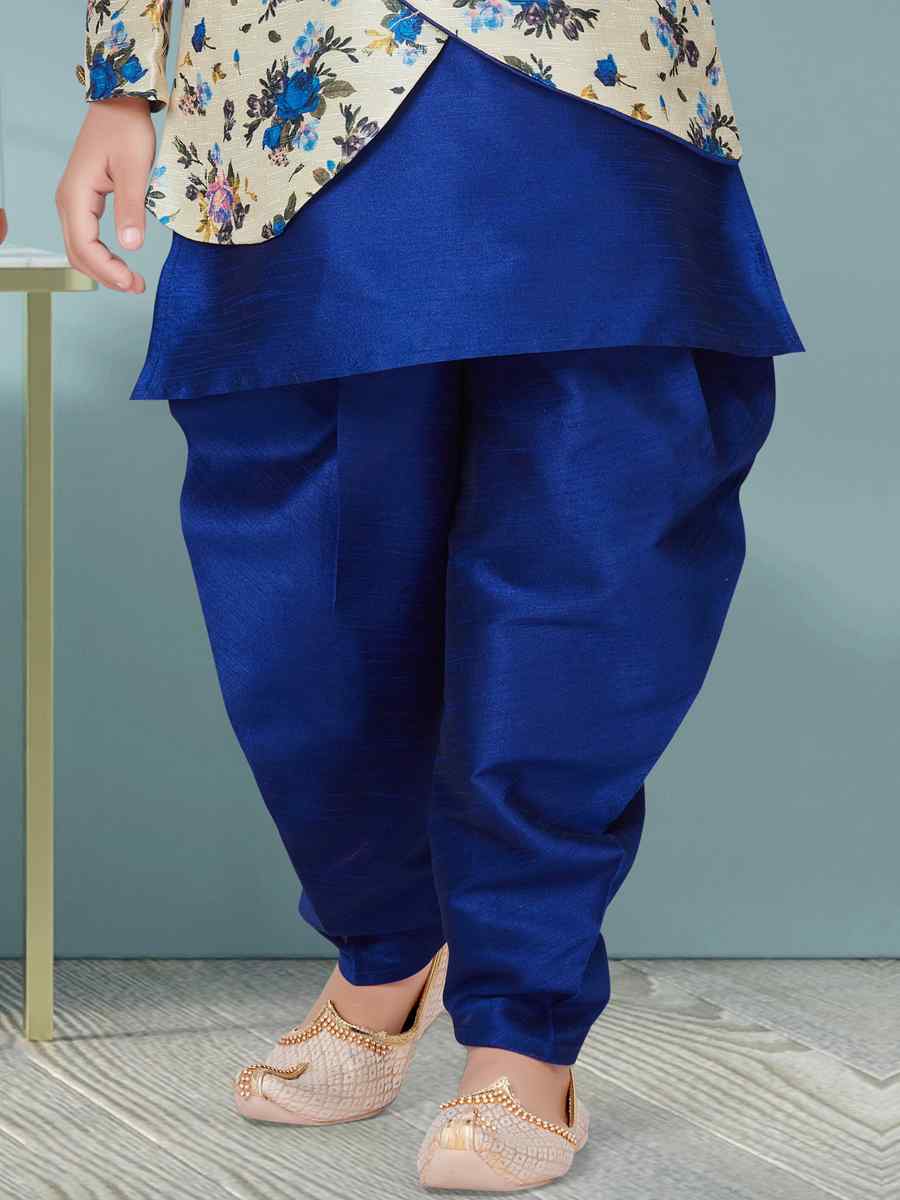 Royal Blue Jacquard Silk Dupion Floral Party Festival Kurta Dhoti Boys Wear