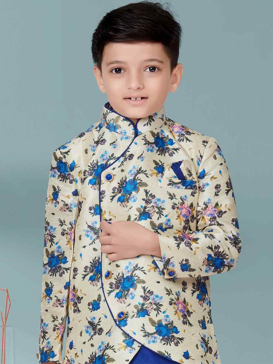 Royal Blue Jacquard Silk Dupion Floral Party Festival Kurta Dhoti Boys Wear